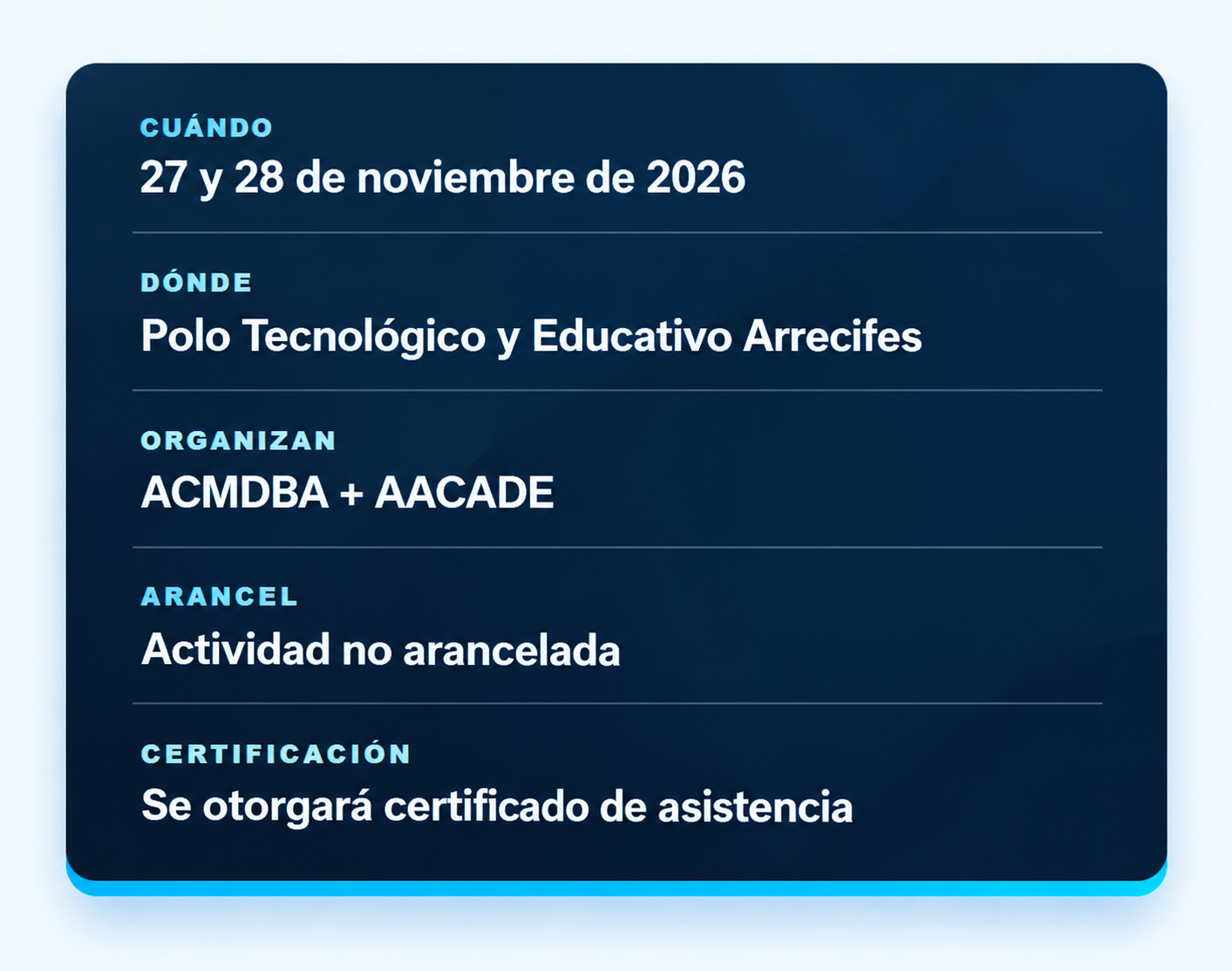 Datos del evento: 27 y 28 de noviembre de 2026; Polo Educativo y Tecnológico Arrecifes; organizan ACMDBA y AACADE; actividad no arancelada; certificado de asistencia